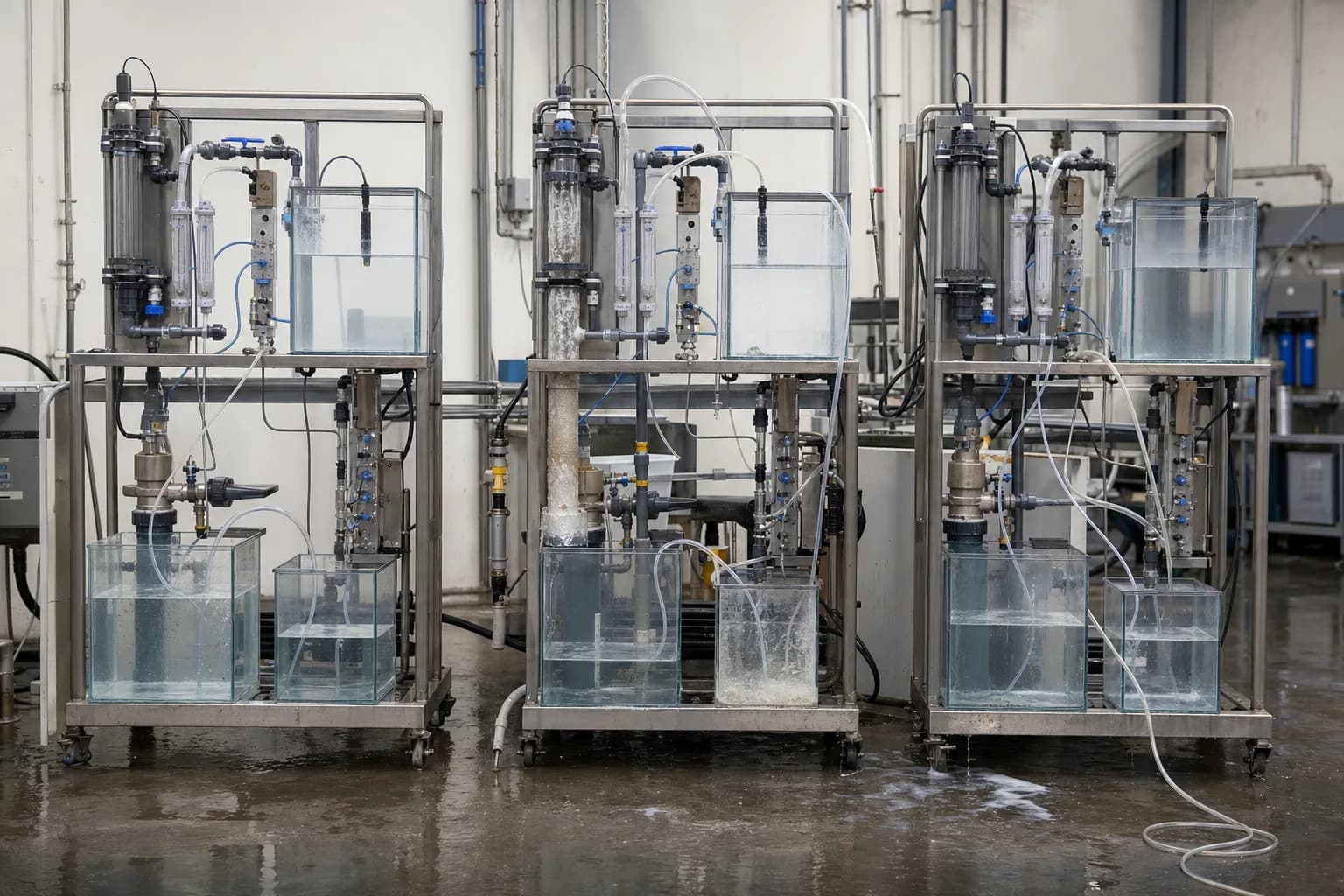 Three rigs show that high recovery, normal recovery and hidden loss can look alike：Lower recovery: larger concentrate、Hidden side flow/leak/nonsteady state、Higher recovery: smaller concentrate、Independent boundaries and storage