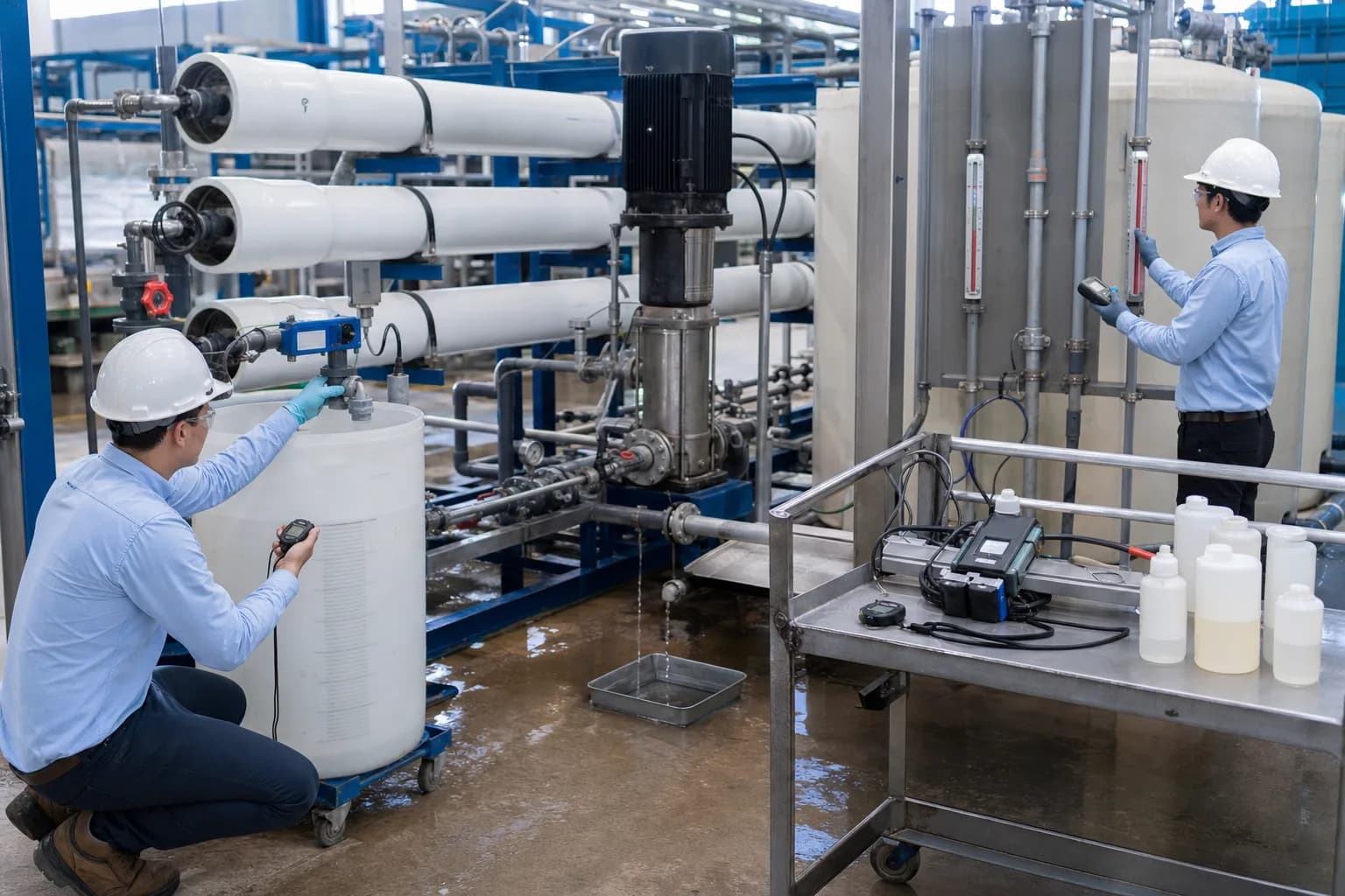Field reconciliation checks meters, levels, drains and samples together：Feed/permeate/concentrate meters、Tank level-volume change、Leak, flush and drain loss、Three samples and compensated quality