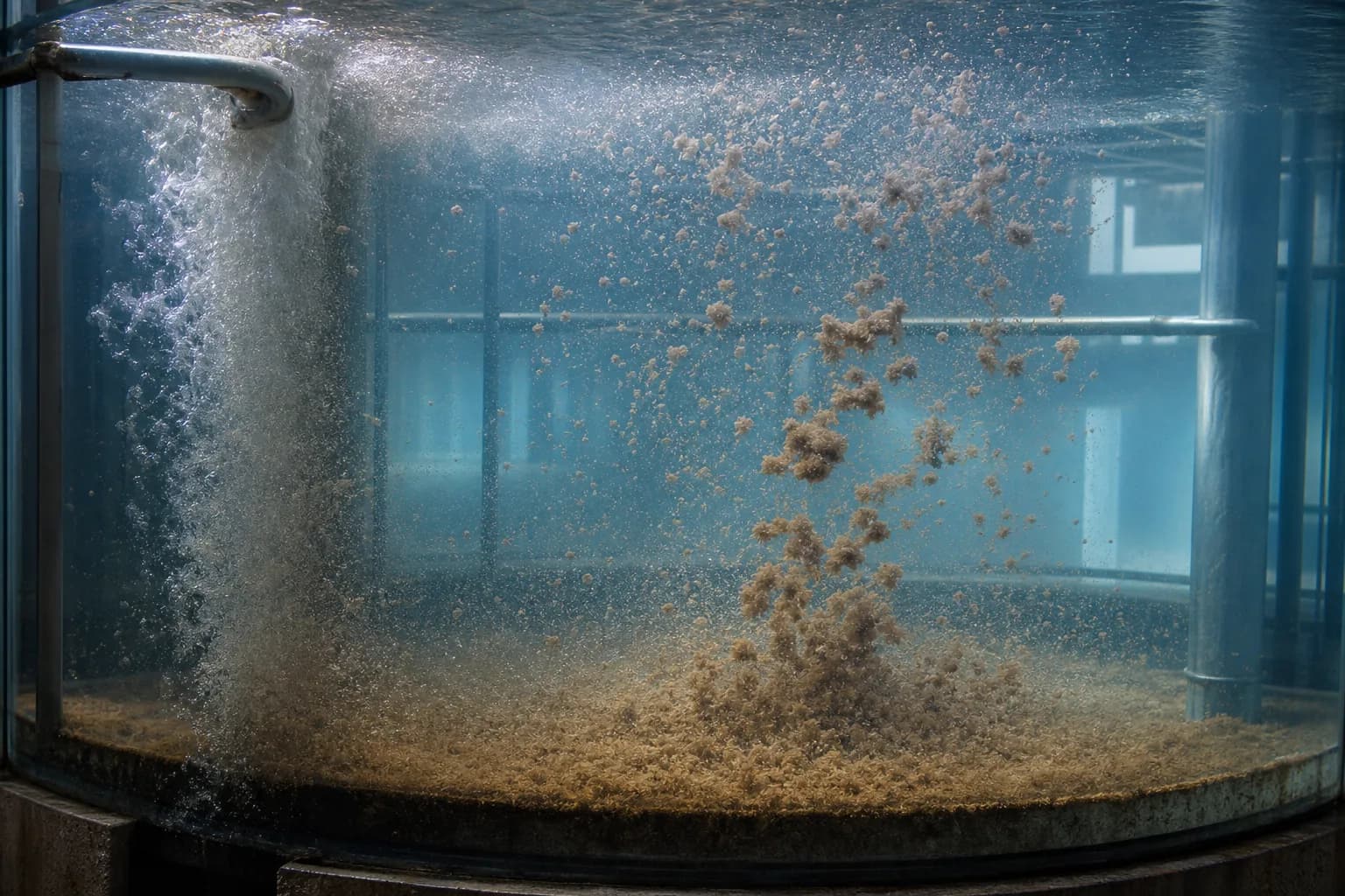 Capture is a competition between settling velocity and upward/forward water motion：High-energy solids feed、Fines and primary floc、Effective settling zone、Bottom sludge layer