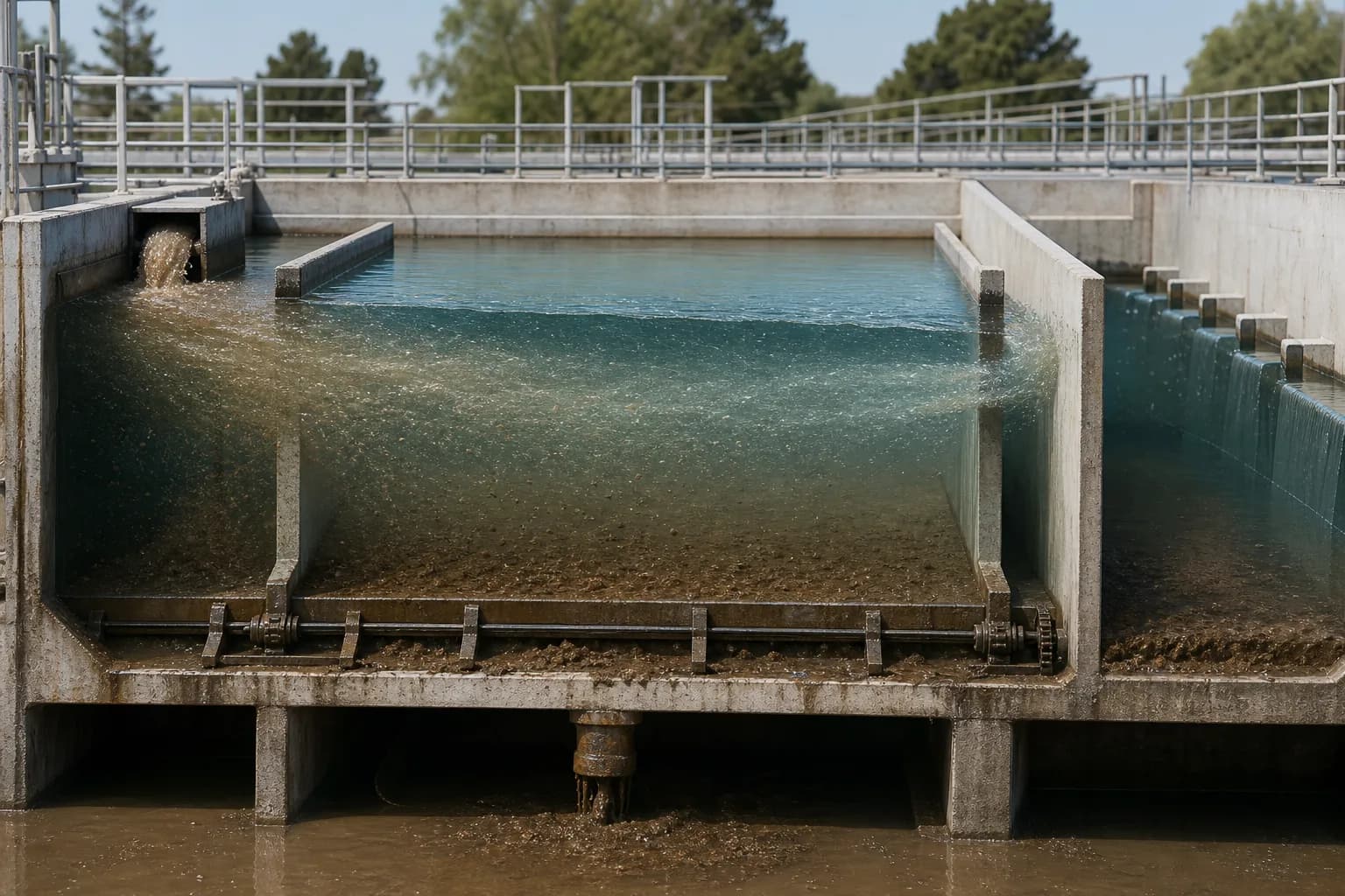 An effective basin links inlet energy control, settling, even withdrawal and sludge removal：Inlet and energy baffle、Calm effective zone、Distributed outlet weirs、Collector and sludge outlet
