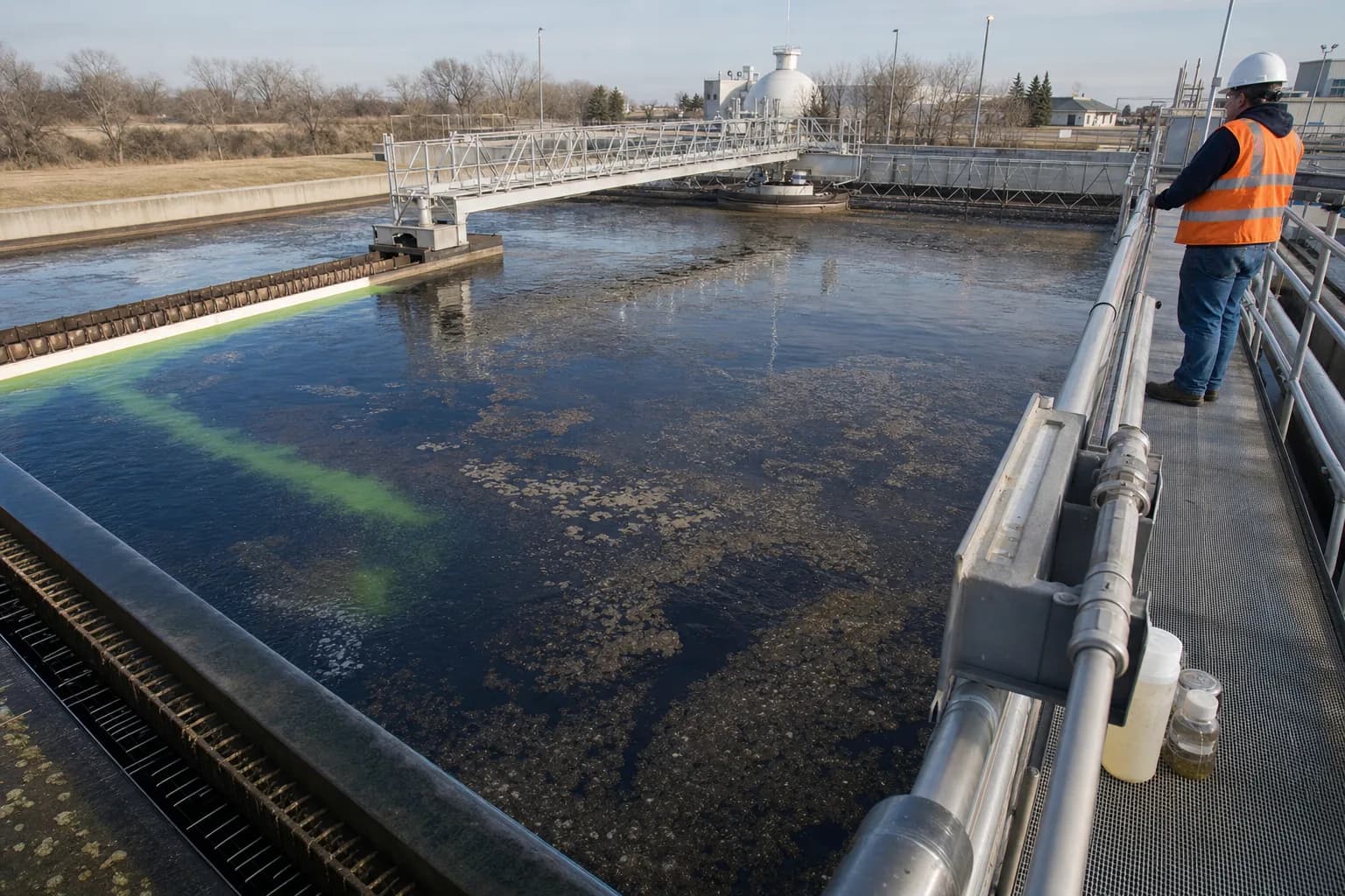Tracer testing reveals short circuits, recirculation and dead zones hidden by nominal volume：Center feedwell/distribution、Tracer main flow path、Peripheral weir/launder、Multi-point sampling curve