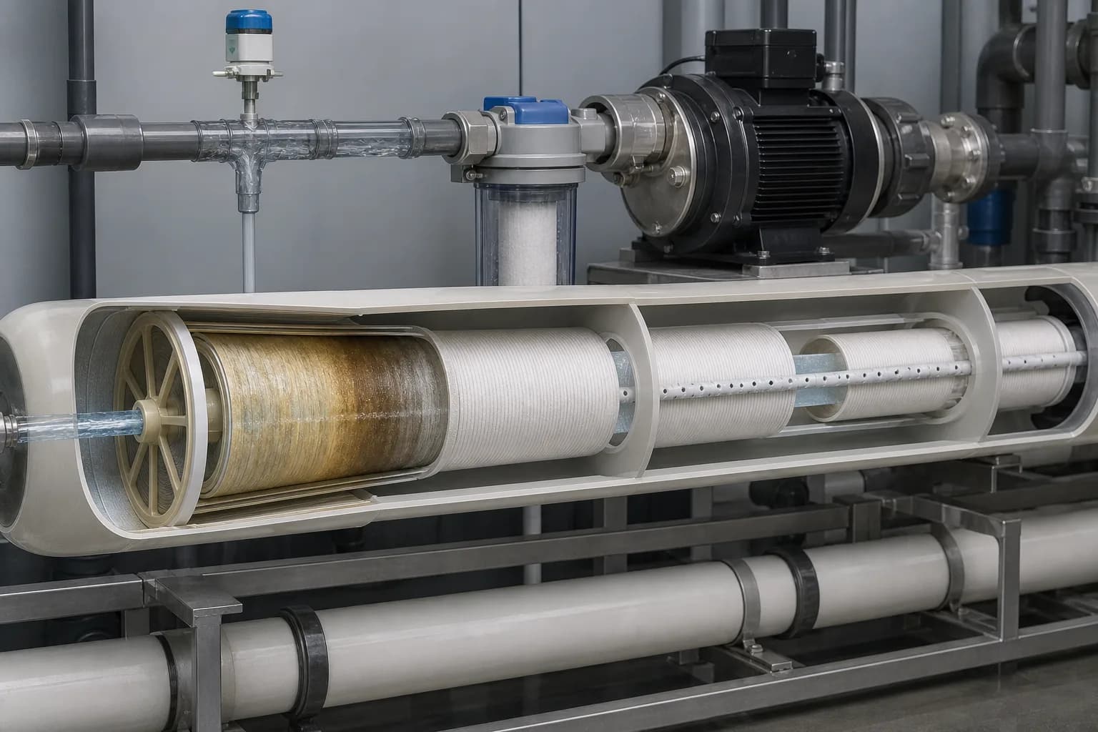 A breakthrough usually accumulates first at the lead element：Feed-end lead element、Lower-exposure downstream elements、Chlorine breakthrough path、Central permeate tube