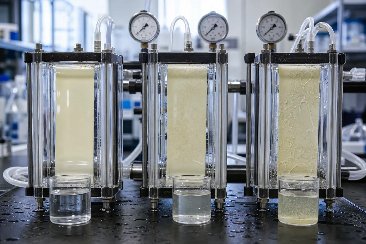 Higher cumulative exposure progressively erodes selectivity：Unexposed control coupon、Lower cumulative chlorine exposure、Severe oxidation/embrittlement、Three performance samples