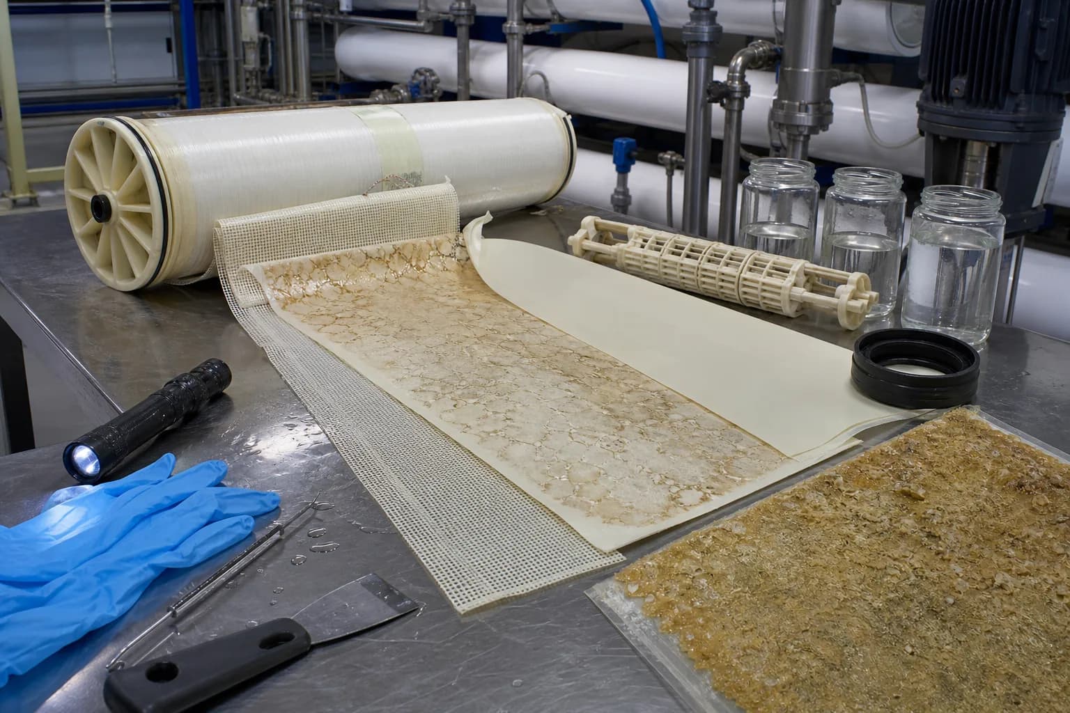Autopsy must separate oxidation from fouling, scale, and seal leakage：Fouled feed spacer、Membrane coupon for analysis、Clean reference selective layer、Seals and branch samples