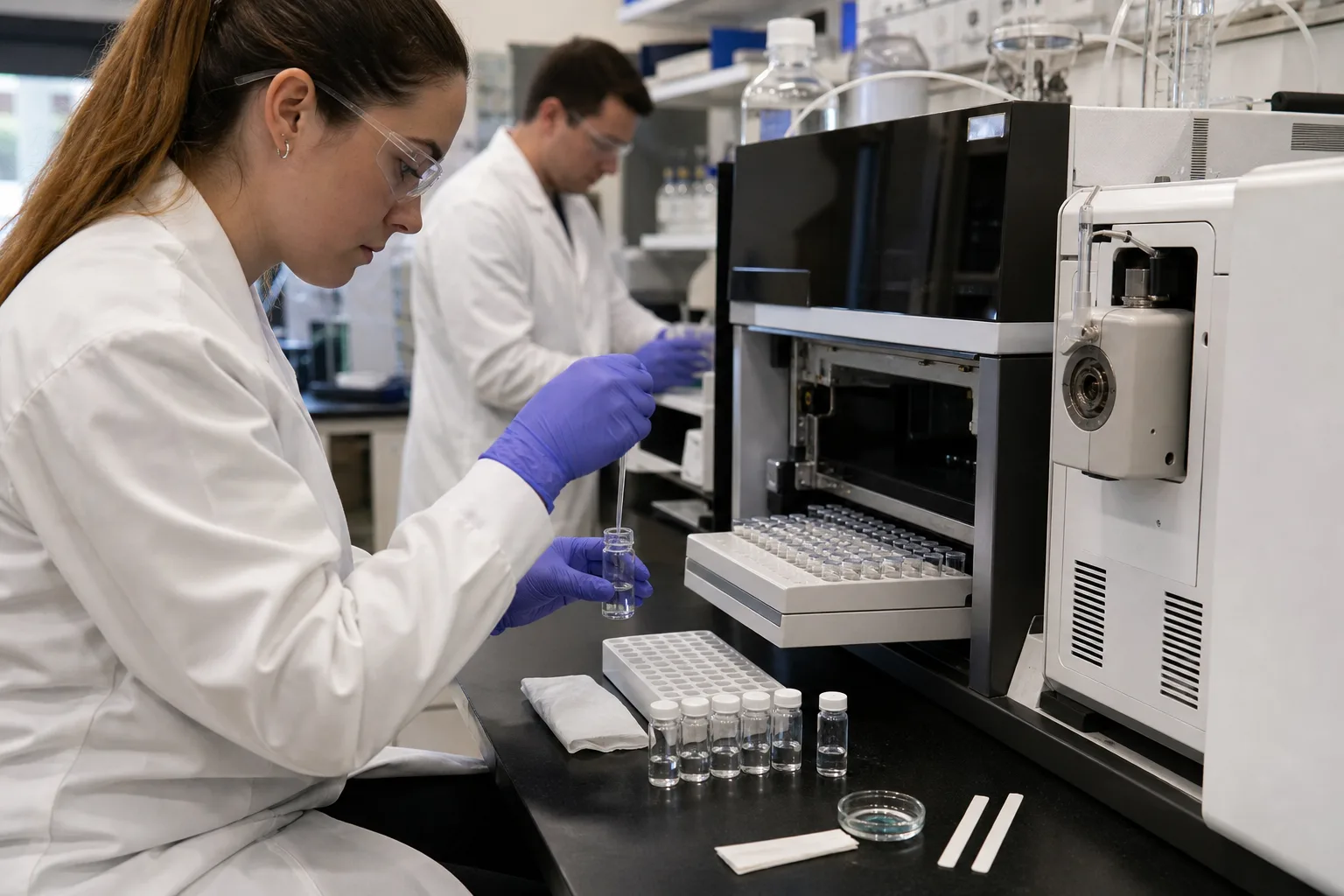 Trace PFAS analysis needs a defined method, isotope dilution, and strict blank control：Sample vial, isotope standards, blanks、Autosampler and QC sequence、Liquid-chromatography separation、Tandem mass-spectrometry detection