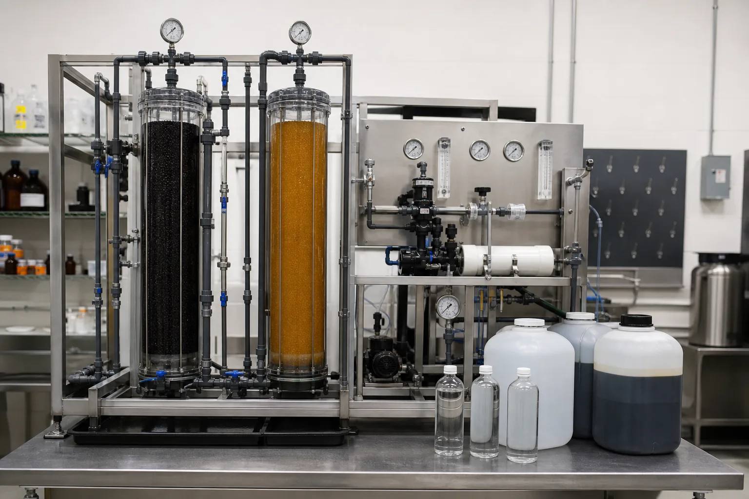 Side-by-side GAC, anion exchange, and membranes show three capture pathways：GAC: pore/interfacial sorption、AIX: positive sites bind anionic PFAS、NF/RO: charge/size/solution-diffusion rejection、Product and PFAS-bearing concentrate samples