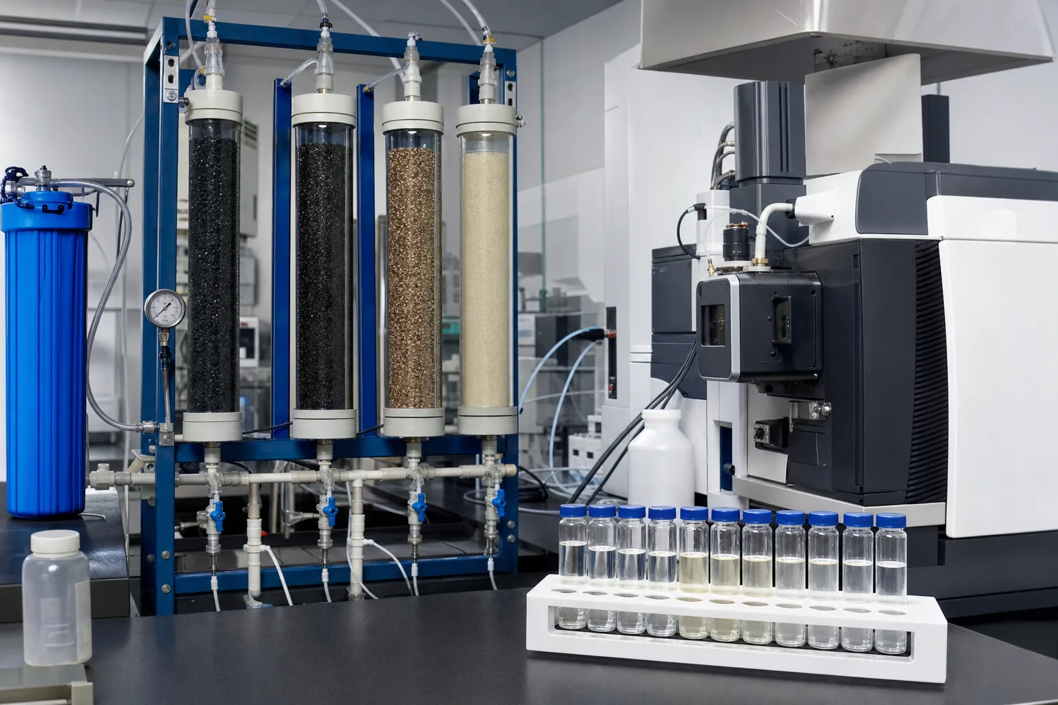 Parallel media columns plus LC-MS/MS reveal compound-specific breakthrough orders：Common feed and independent flow control、Contrasting GAC pore structures、PFAS-selective resin/control media、Compound breakthrough samples and LC-MS/MS