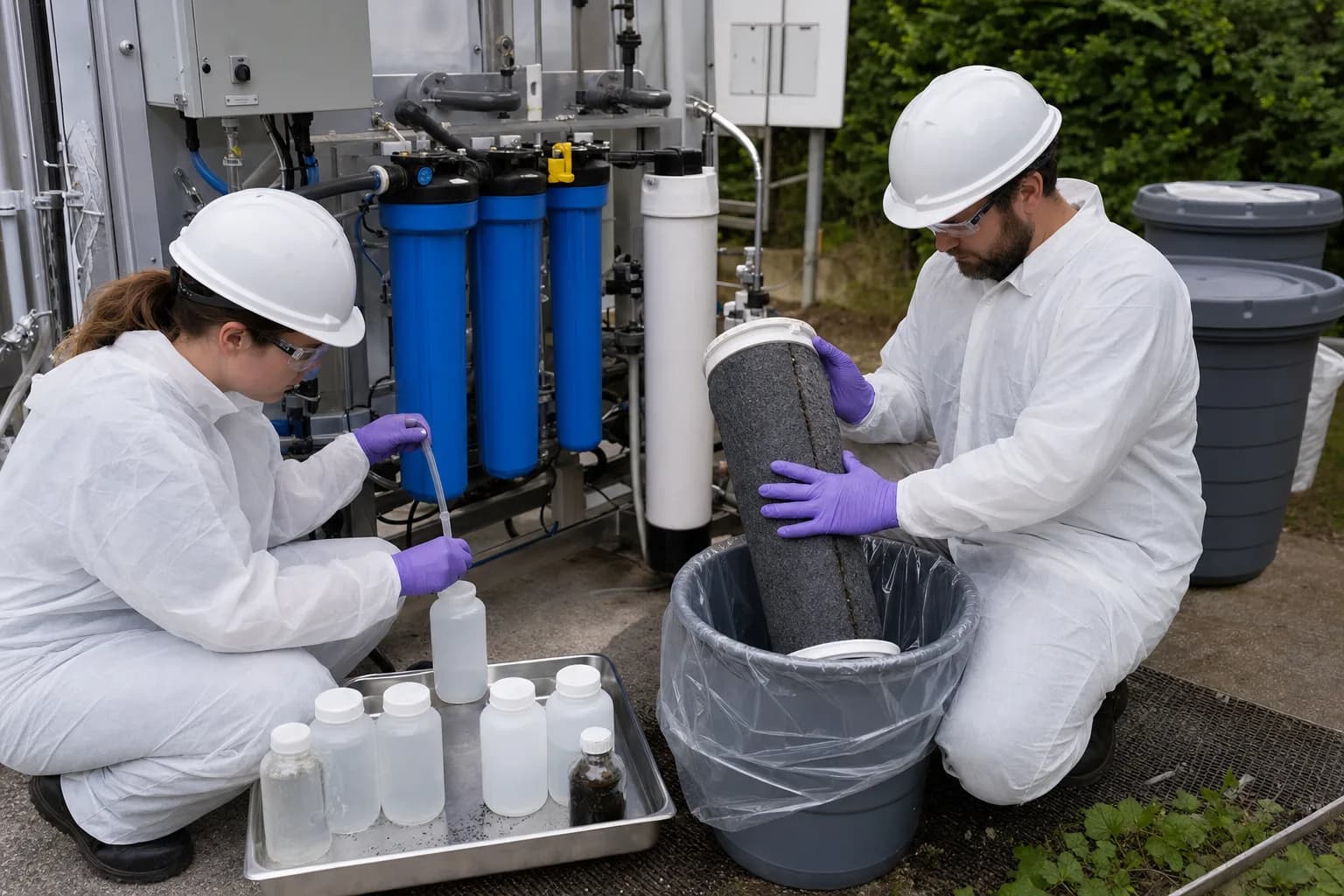 Field sampling and cartridge removal extend the treatment boundary to PFAS-bearing residuals：Feed/interstage/product sample ports、Trace samples and field blanks、Used PFAS-bearing cartridge/media、Labeled segregated residual containers