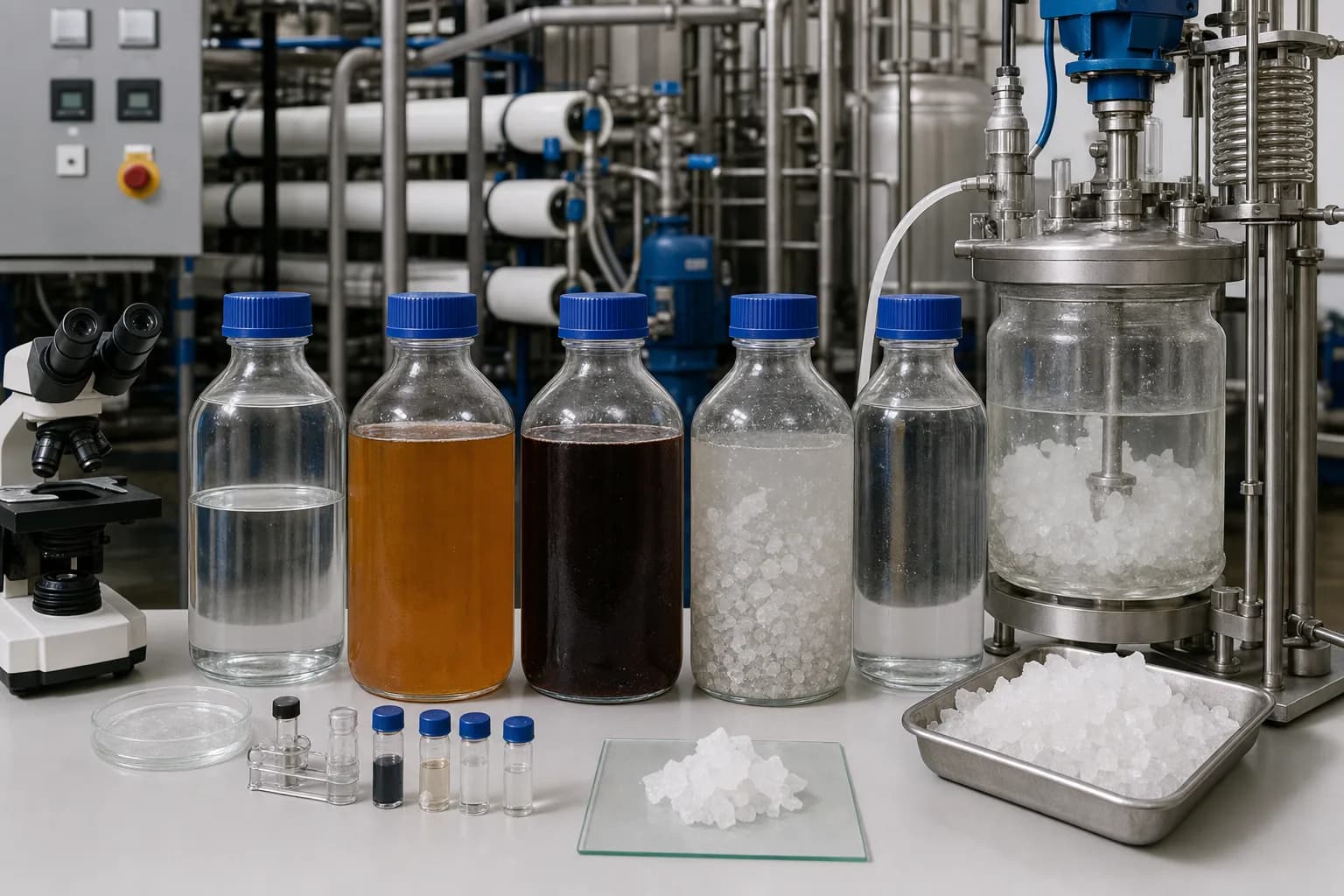 Stage samples and a bench crystallizer reveal where water, salts and residual contaminants go：Feed and pretreated-water samples、Membrane concentrate and accumulated organics、Mother liquor and crystal-size evidence、Condensed distillate quality sample