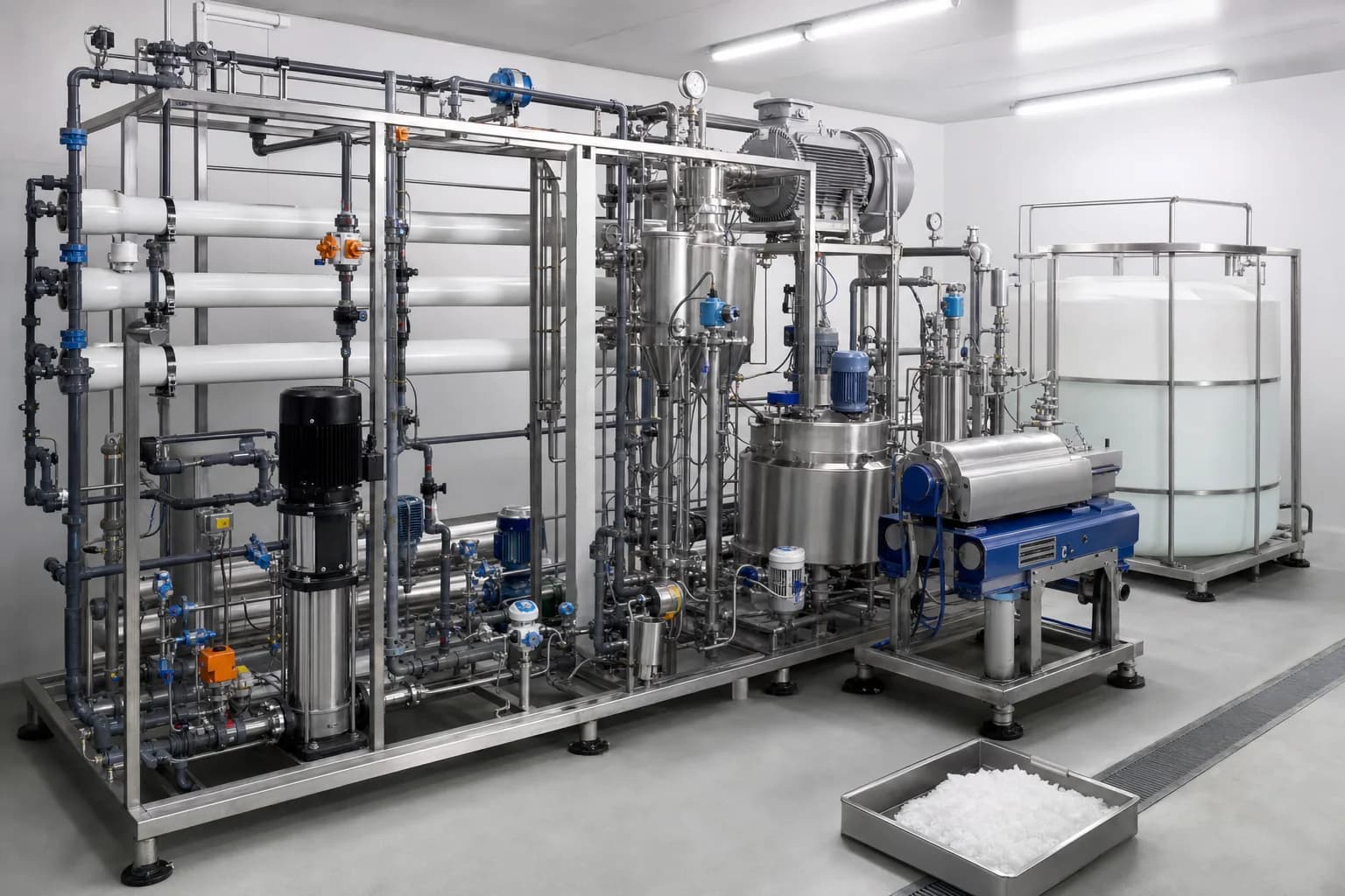 An integrated skid links membrane permeate, evaporation, centrifuge and reuse storage：Membrane permeate/concentrate split、Evaporator circulation and vapor separator、Slurry dewatering centrifuge、Reuse tank and wet-salt tray