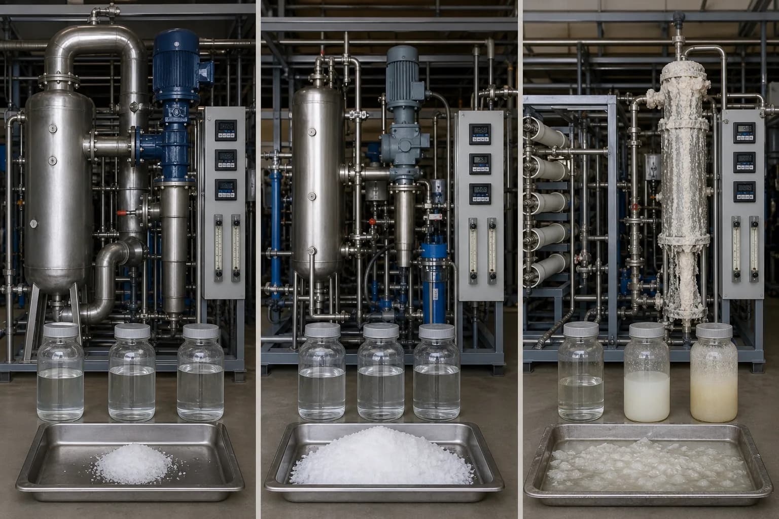 Three operating states separate clean heat transfer, controlled crystallization and uncontrolled scale：Clean heat-transfer and circulation baseline、Seeded crystal growth and normal withdrawal、Uncontrolled scaling and plugging、Distillate, liquor and salt balance evidence