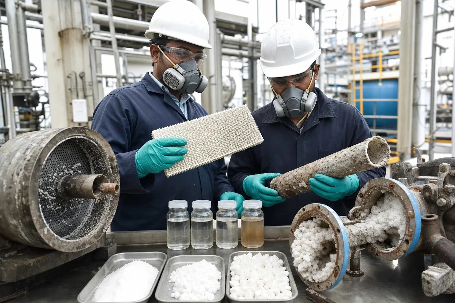 A teardown combines mist-eliminator, tube, pipe, liquor and crystal evidence：Tube bundle or demister deposits、Clean separator/nucleation internal、Scaled pipe and crystal blockage、Mother liquor and solid samples