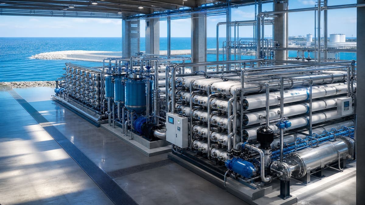 Seawater reverse osmosis (SWRO): coastal industrial freshwater security water treatment solution illustration