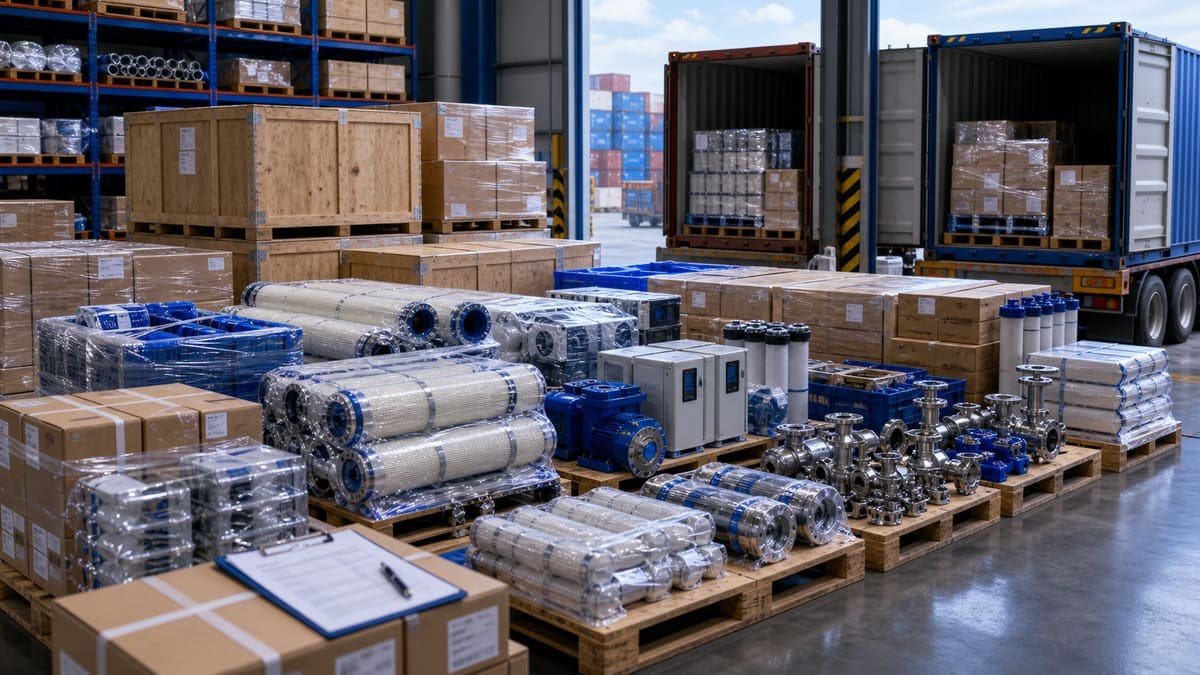 Consolidated Shipping for Spares: multi-SKU export bundles (resin, media, carbon) with cost control water treatment solution illustration