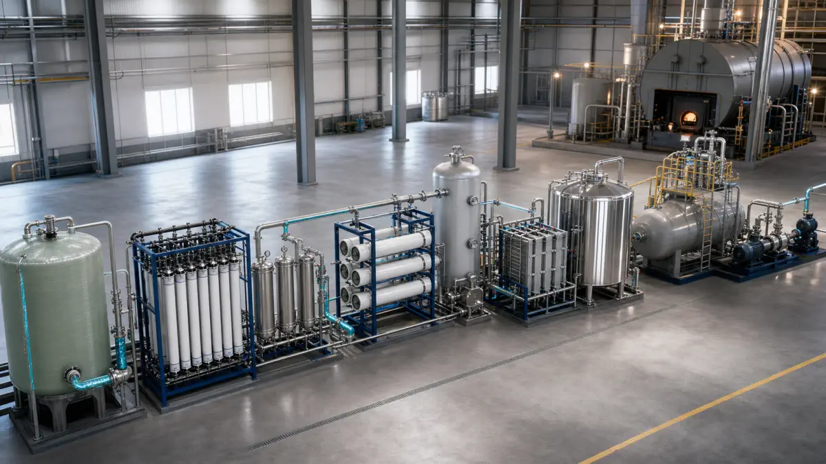 High-pressure boiler-feed-water route using ultrafiltration, two-pass RO, degasification, EDI and deaeration