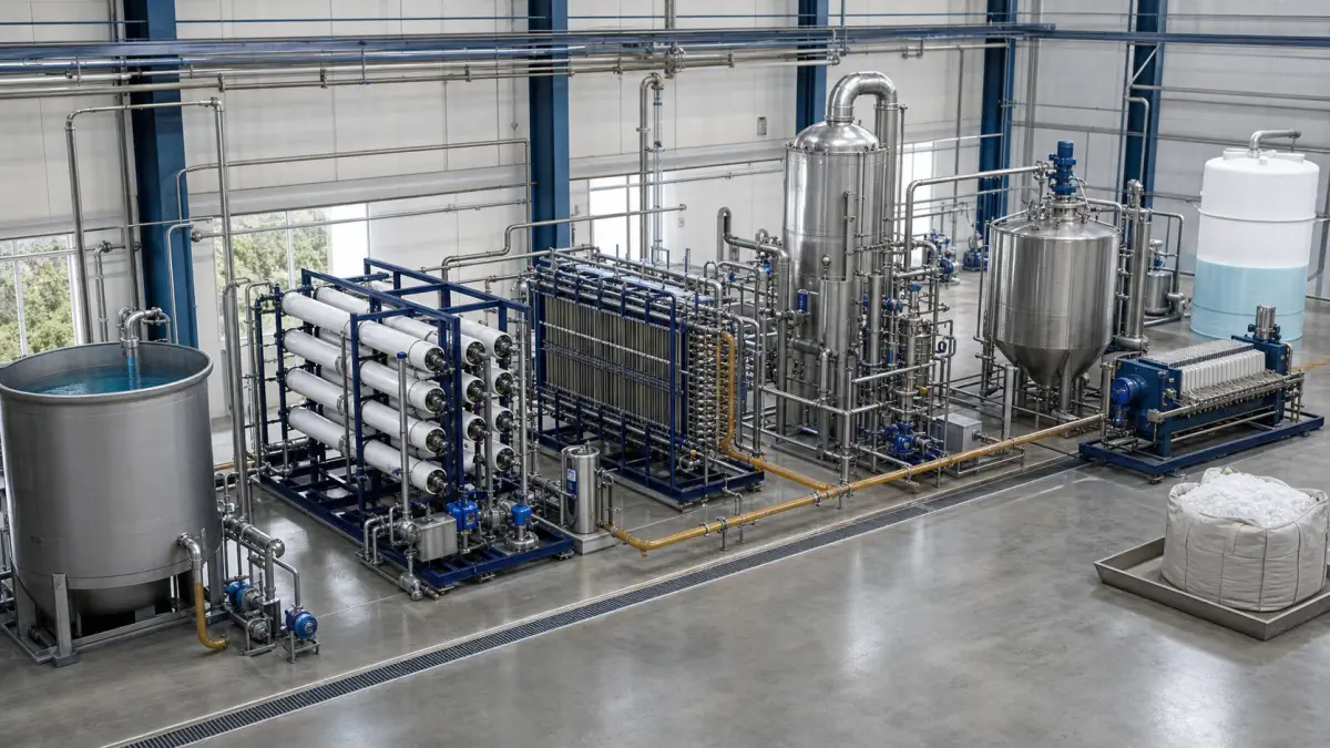 Brine-concentration route from membrane concentration through MVR evaporation, crystallization and solids handling