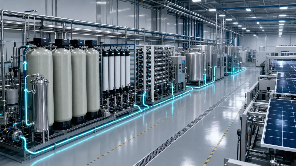 Display-panel and photovoltaic ultrapure-water route from pretreatment through RO, EDI, polishing and clean distribution