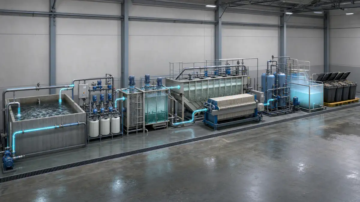 Heavy-metal wastewater route using pH adjustment, precipitation, clarification, filter pressing and membrane polishing
