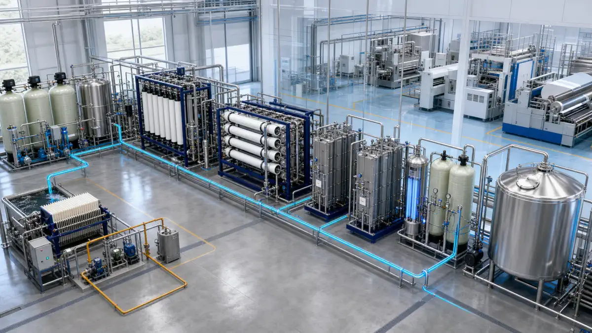 Lithium-ion battery process-water route from pretreatment and double-pass RO through EDI, polishing and clean distribution