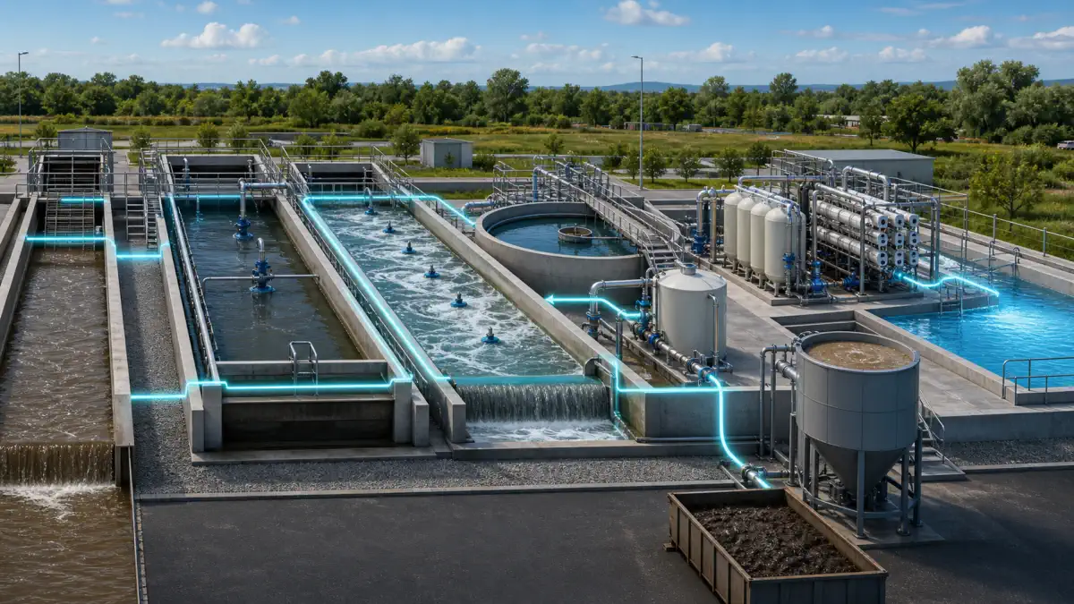 Nitrate-and-phosphate reduction route combining biological treatment, clarification, ion exchange and membrane polishing