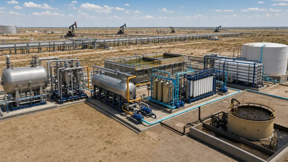 Oil-and-gas produced-water route from primary separation through flotation, filtration, membranes and reuse storage