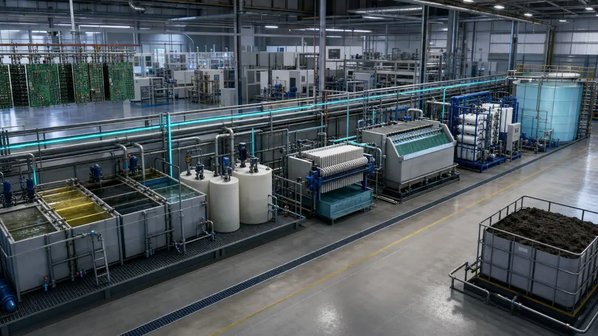 PCB and electroplating wastewater route from stream segregation and precipitation through filter pressing, selective recovery and membrane reuse