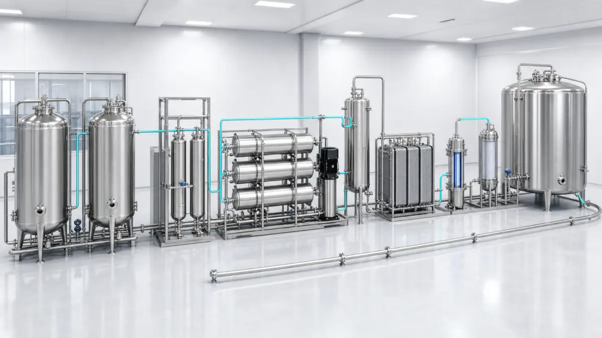 Pharmaceutical purified-water process route with RO, EDI, UV, storage and sanitary distribution