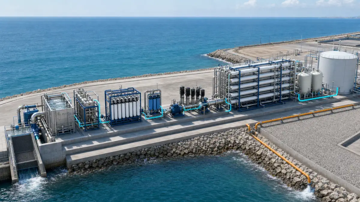 Seawater desalination route from coastal intake and pretreatment through high-pressure SWRO, energy recovery and remineralization