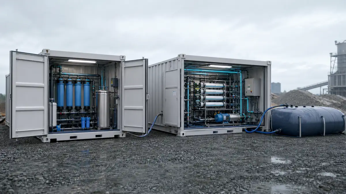 Containerized mobile water-treatment units with pretreatment, reverse osmosis and flexible product-water storage