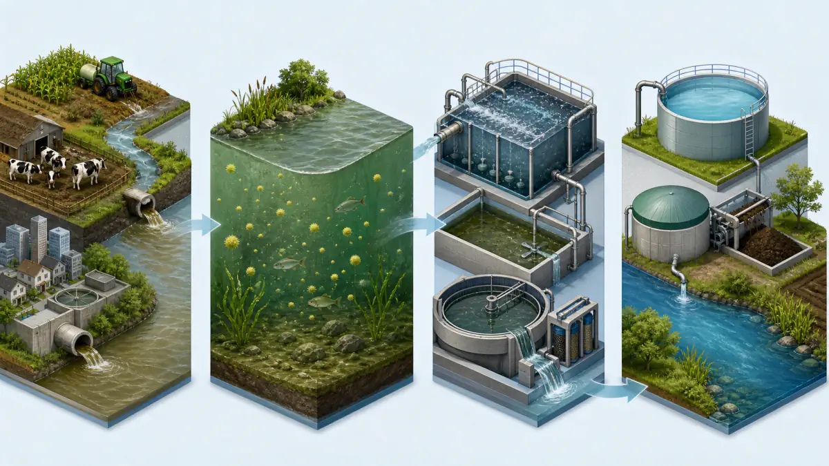 Ammonia-nitrogen journey from agricultural and municipal sources through nitrification, denitrification and solids handling