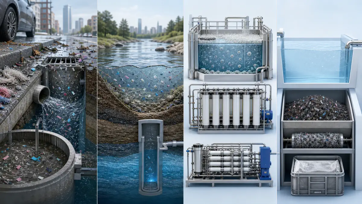 Microplastics journey from urban runoff and wastewater through water transport, membrane capture and residuals management