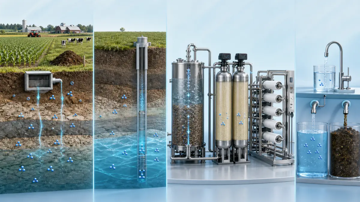 Nitrate journey from agriculture and septic sources through groundwater to biological, ion-exchange and RO treatment